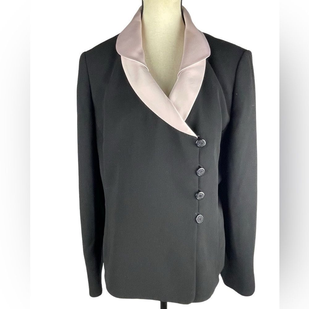 Jones Wear Suit black blazer w light pink lapels 4 side buttons small slits sz14